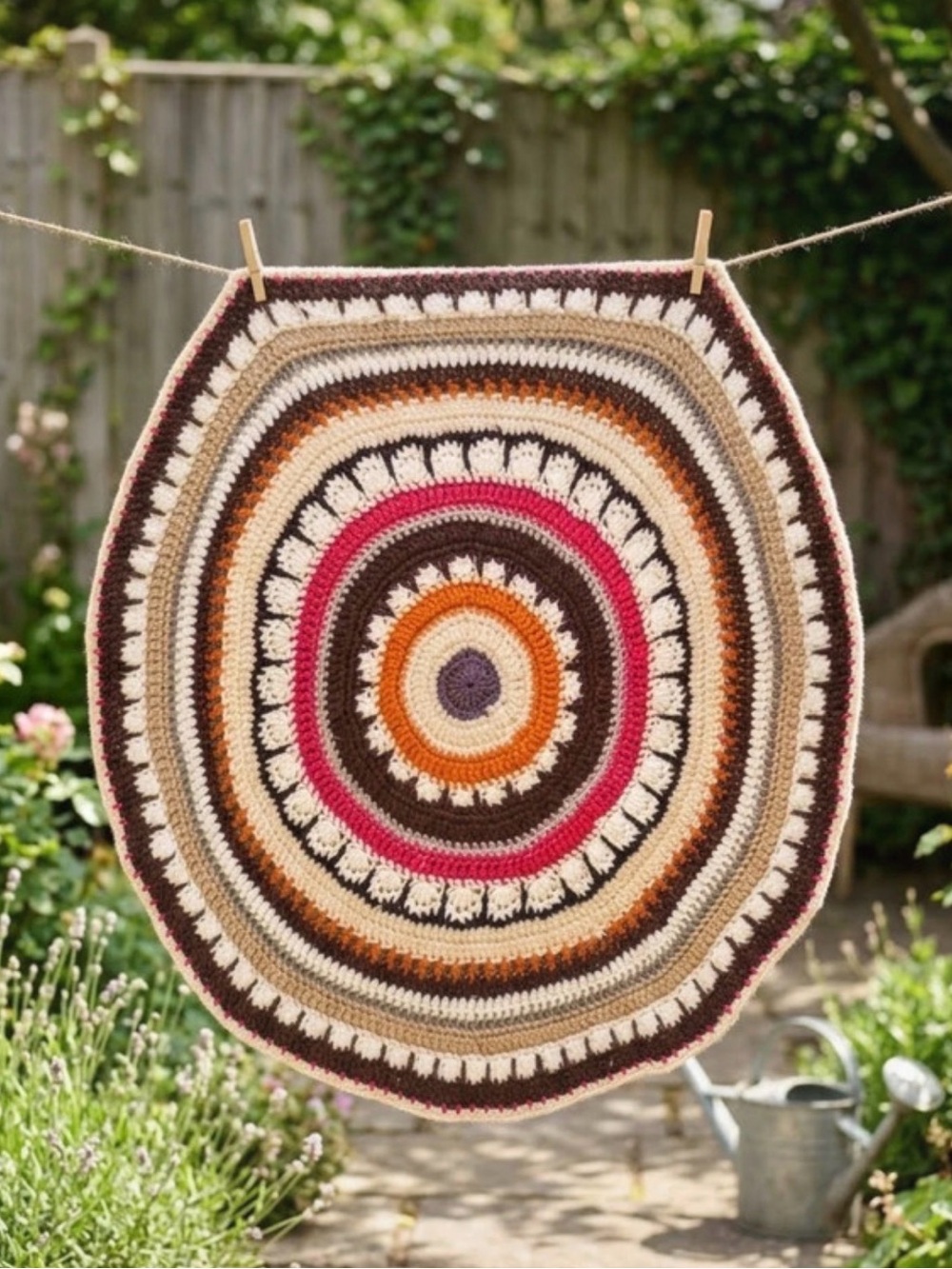 Handmade Crochet Round Throw in Cream, Brown, Pink & Orange